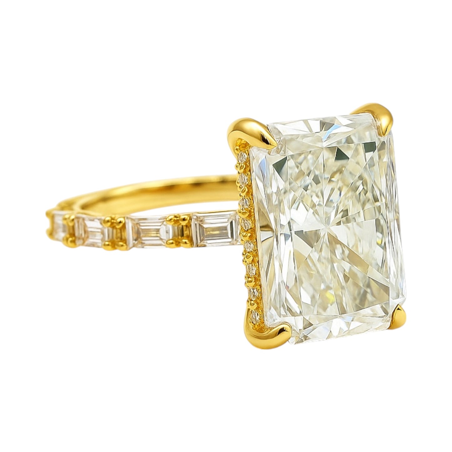 18k Yellow Gold and 5.59ct. Lab Grown Radiant Engagement Ring with East/West Emerald Band