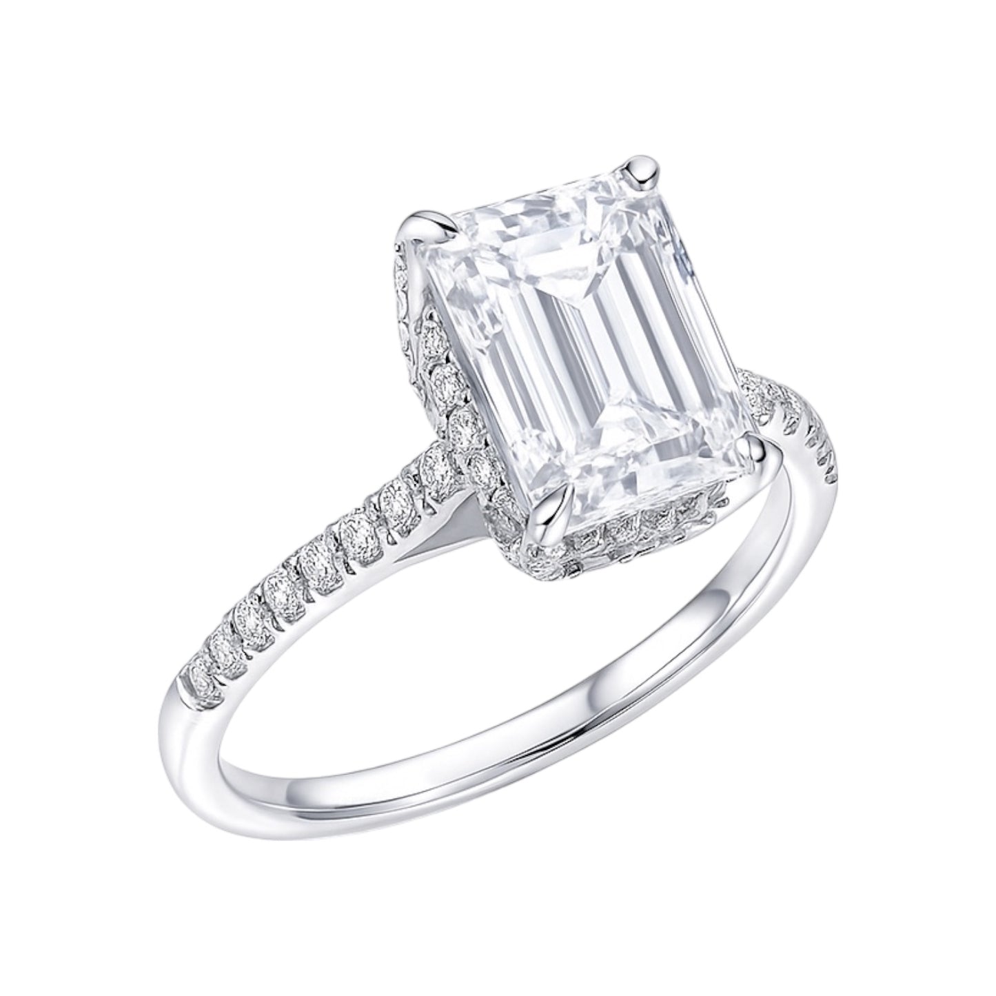 14k White Gold Emerald Cut Lab Diamond Engagement Ring with Hidden Halo & Pavé Band – 4.77 tcw