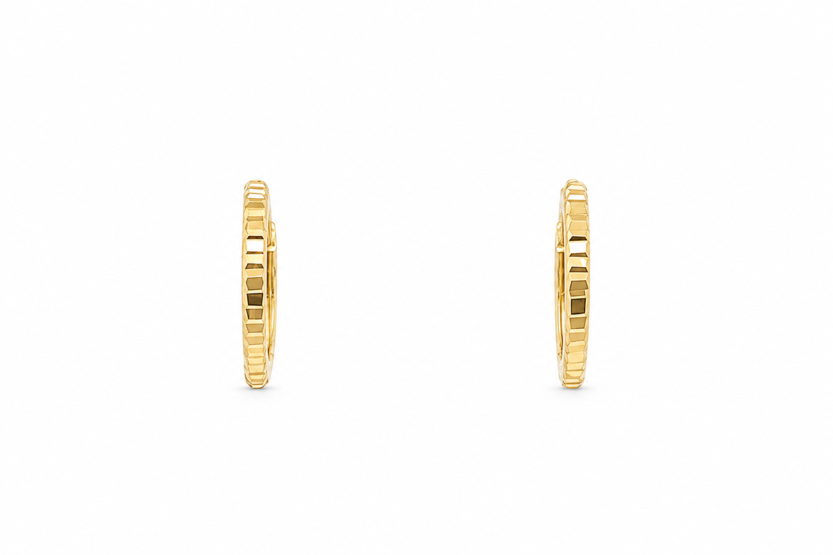 14k Yellow Gold High Polish Linear Cut Huggie Earrings | 10.5mm