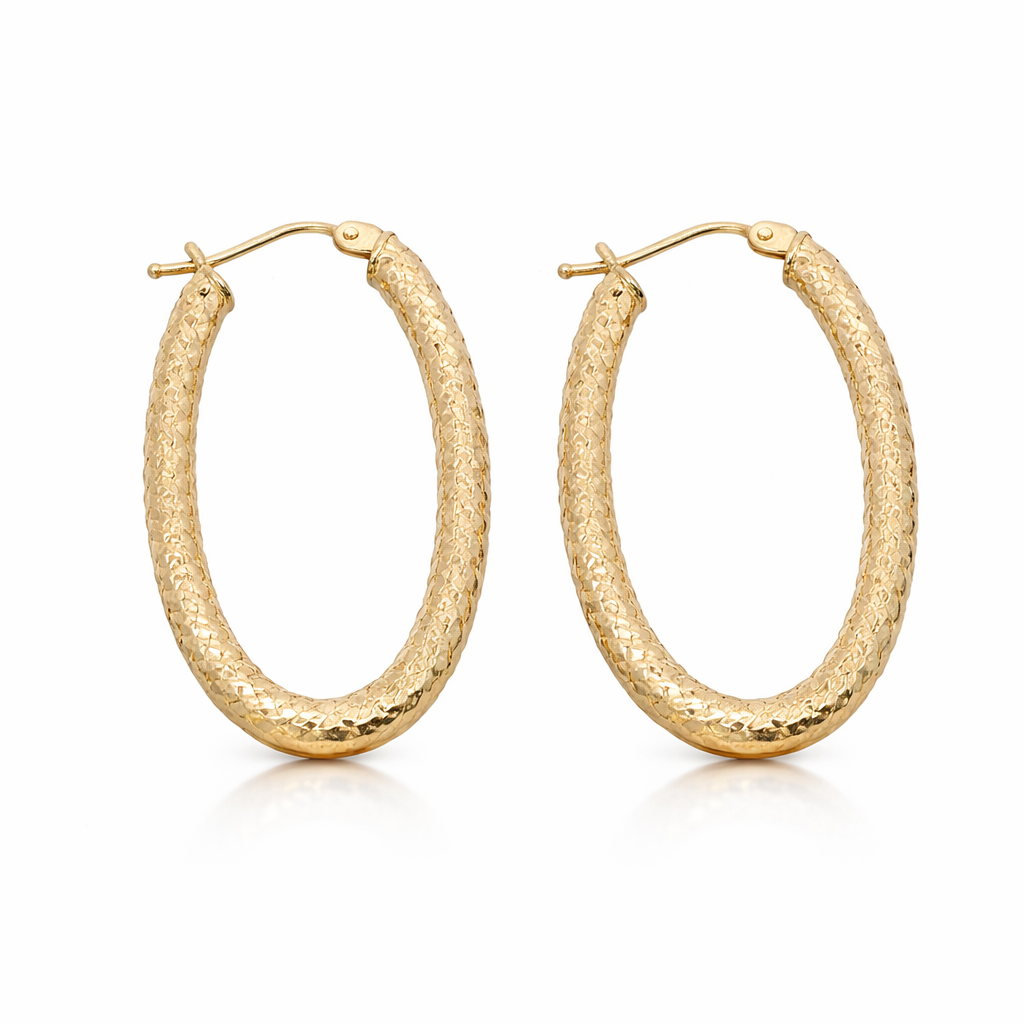 14k Gold Diamond Cut Oval Hoop Earrings | 1" Length