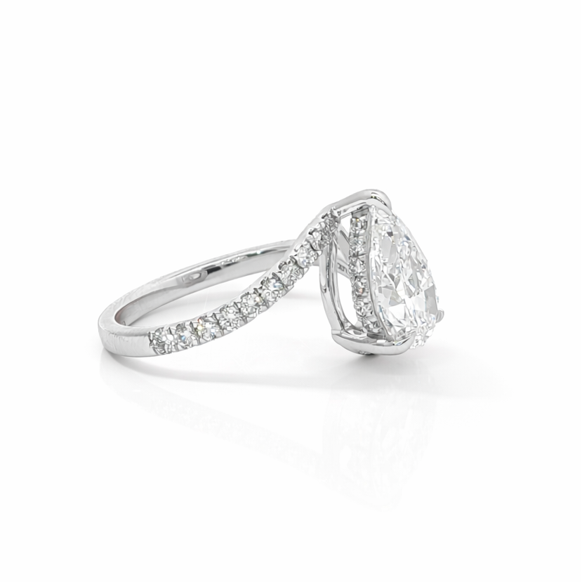 14k White Gold Bypass Ring with Pear Lab Grown Diamond and Hidden Halo (1.977 tcw)