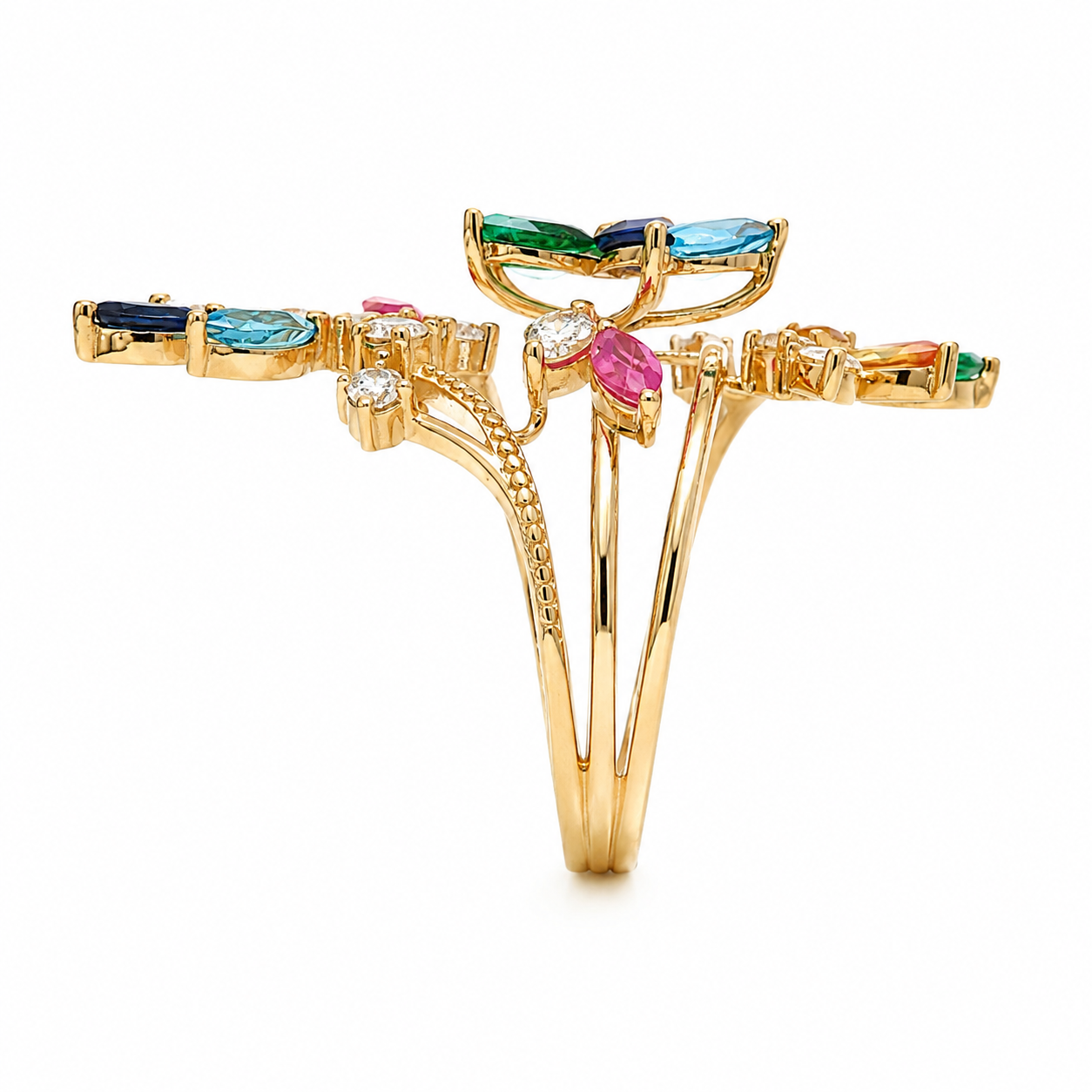 14k Yellow Gold Multicolor Natural Gemstone & Lab-Grown Diamond Statement Ring | 0.987ctw