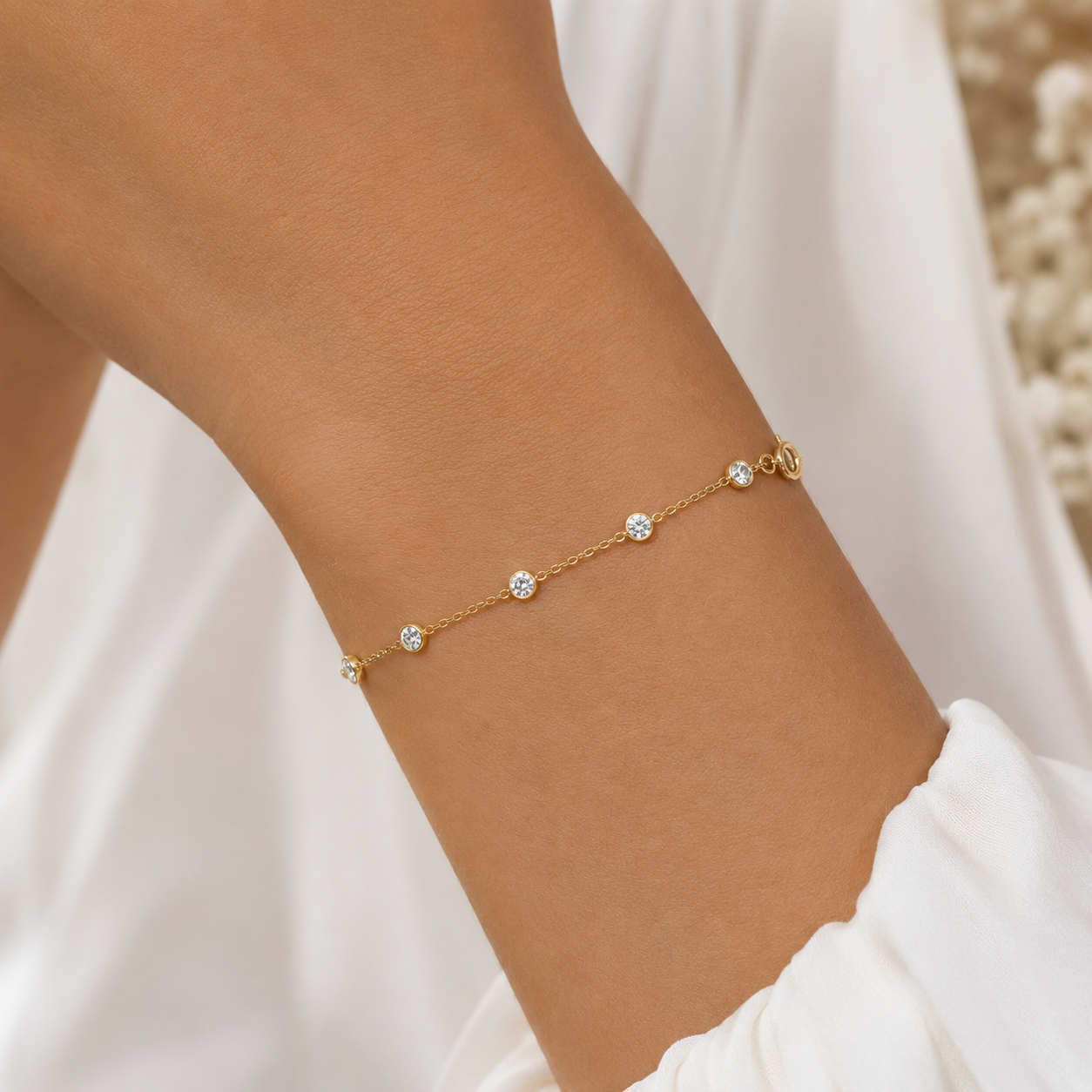 14k Gold CZ Station Bracelet | 5-Stone Bezel Set | 3.5mm | 8"