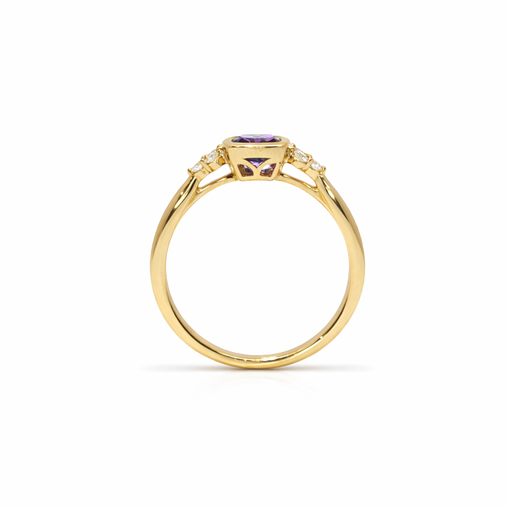 18k Gold Bezel Set Amethyst with Natural Diamond Accent Ring