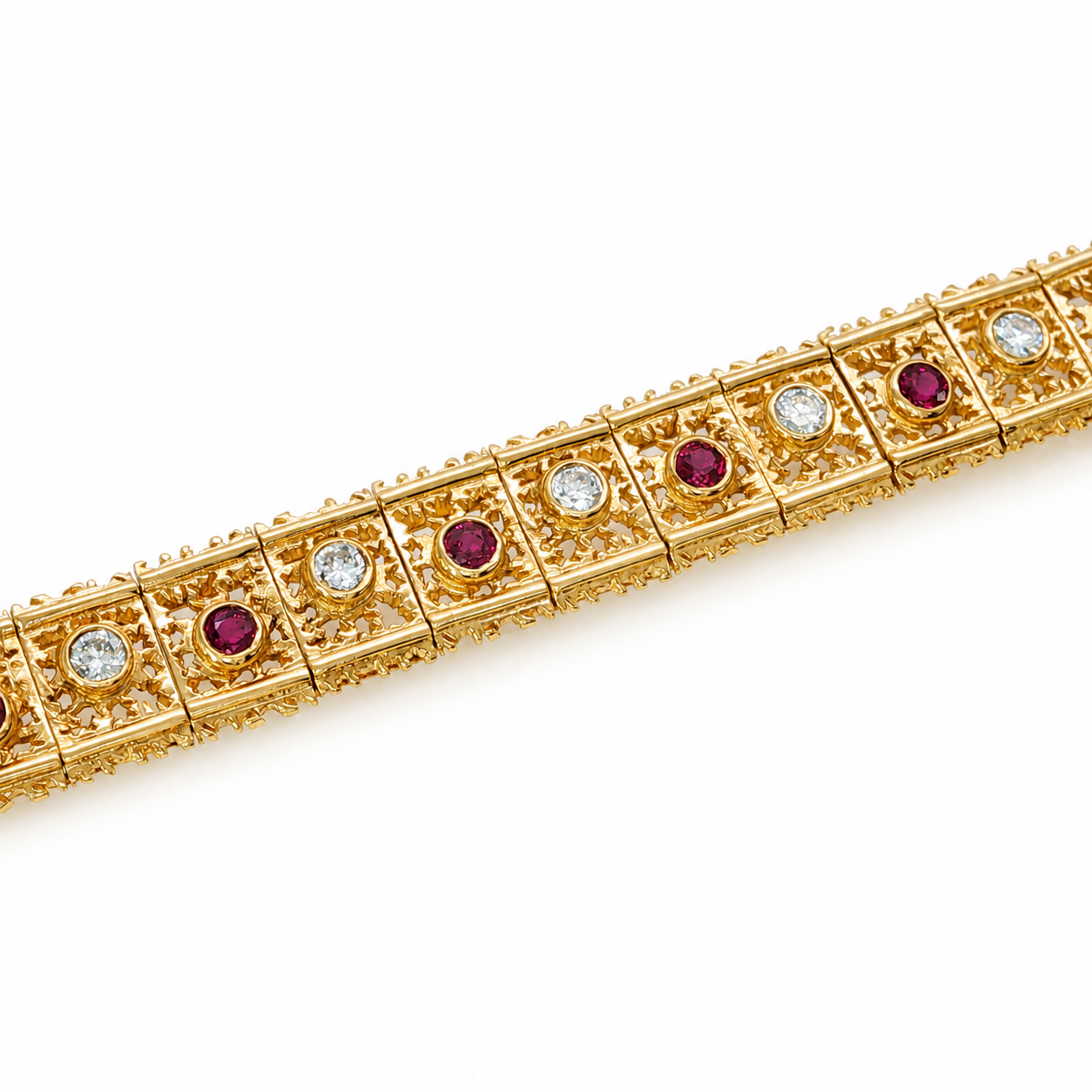 18K Gold Ruby & Natural Diamond Filigree Link Bracelet