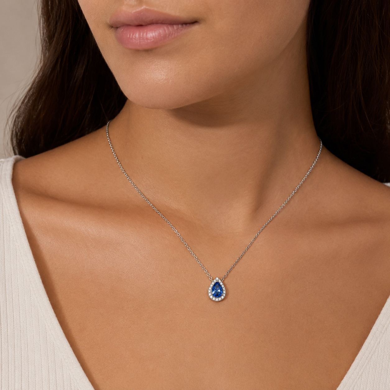 14k White Gold Pear Shaped Cornflower Ceylon Sapphire Pendant with Natural Diamonds Necklace 18"
