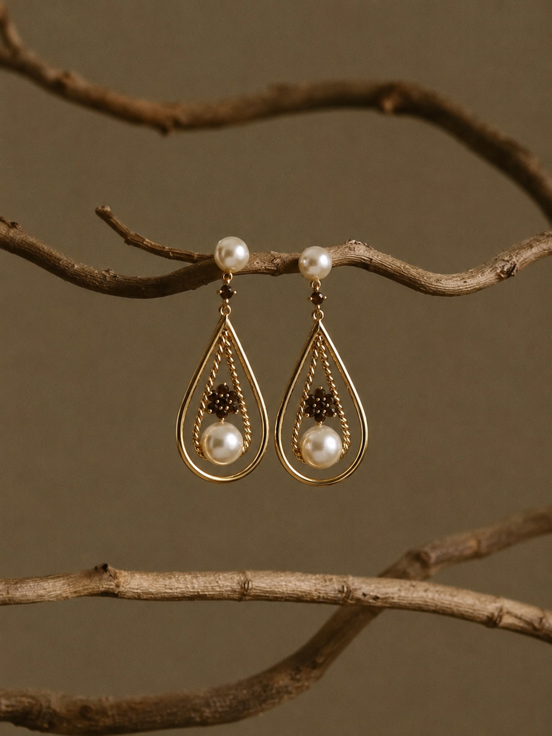 14k Yellow Gold Chocolate & Champagne Diamond Drop Earrings with Freshwater Pearls
