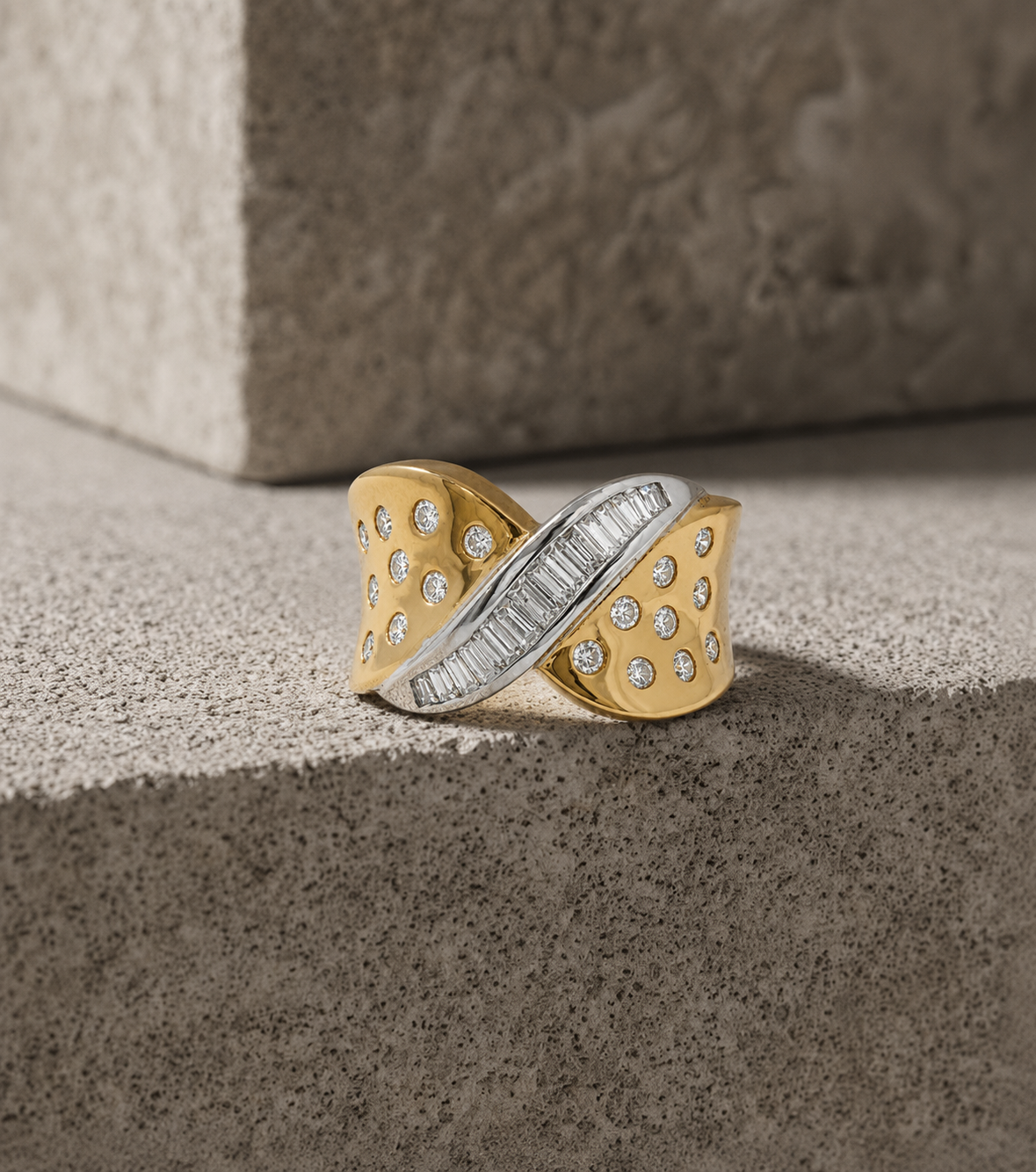 18k Yellow & White Gold Baguette & Round Natural Diamond Wave Ring | 0.70 tcw