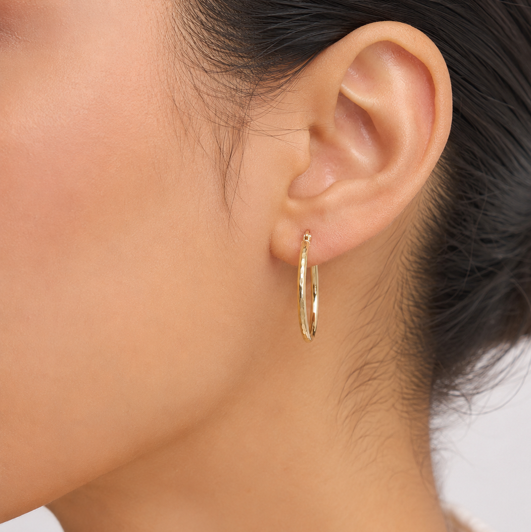 14k Gold Hammered Medium Hoop Earrings | 22mm