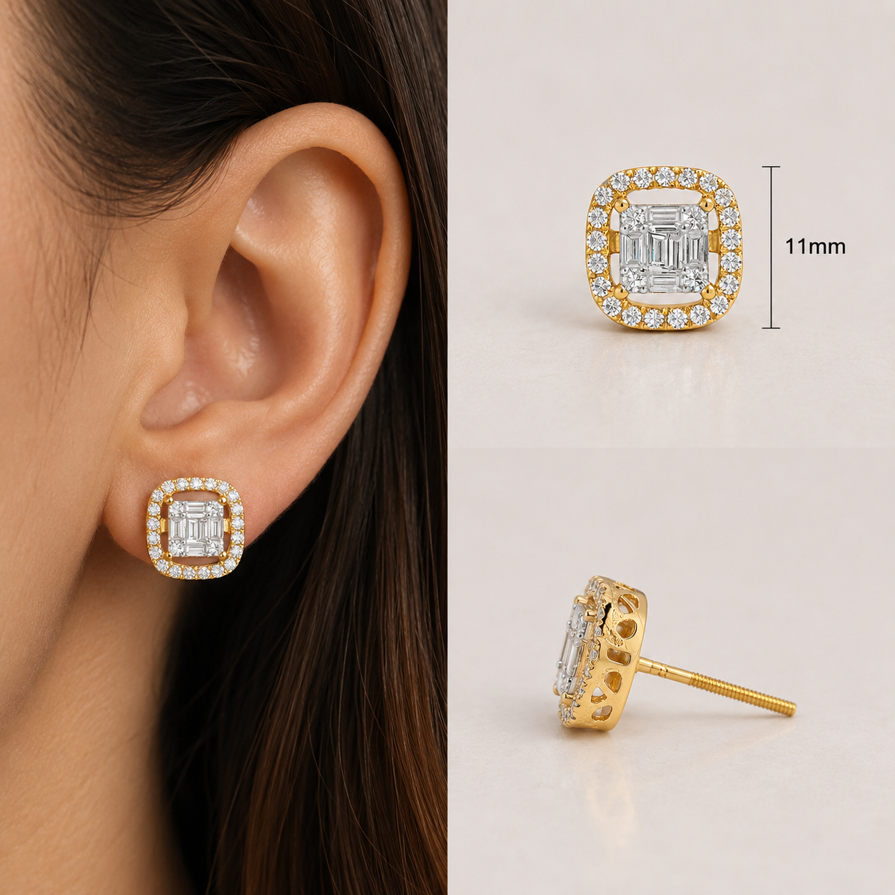 14k Gold Natural Diamond Square Stud Earrings with Baguette & Round Diamonds (1.30 TCW) | Screwbacks