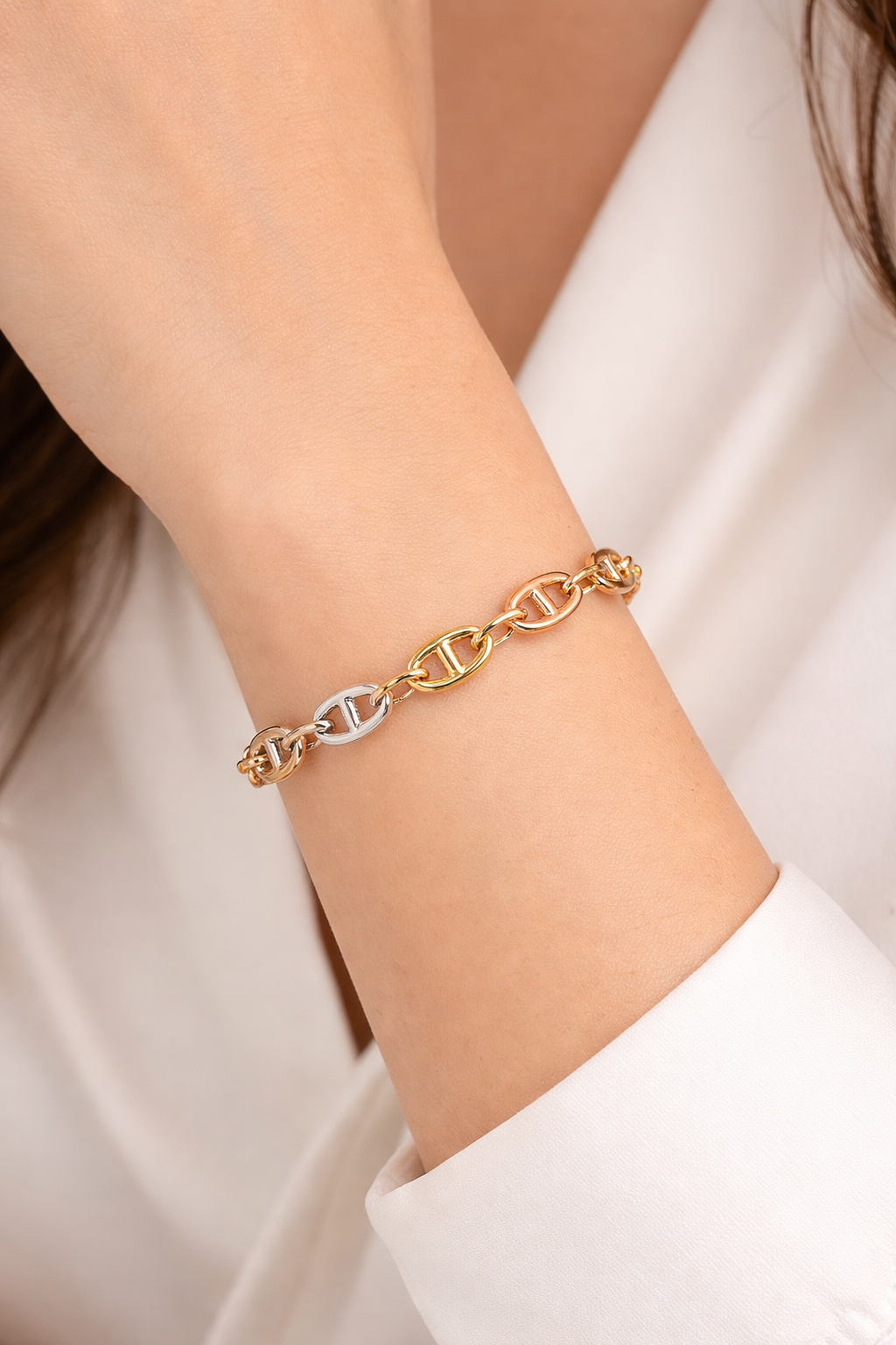 14k TriColor Gold Mariner Link Bracelet | 7"