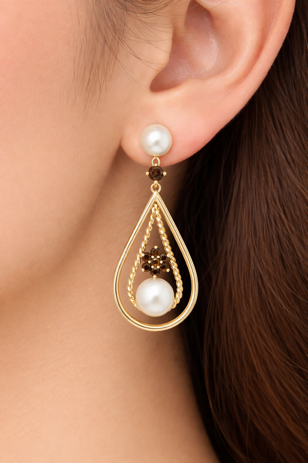 14k Yellow Gold Chocolate & Champagne Diamond Drop Earrings with Freshwater Pearls