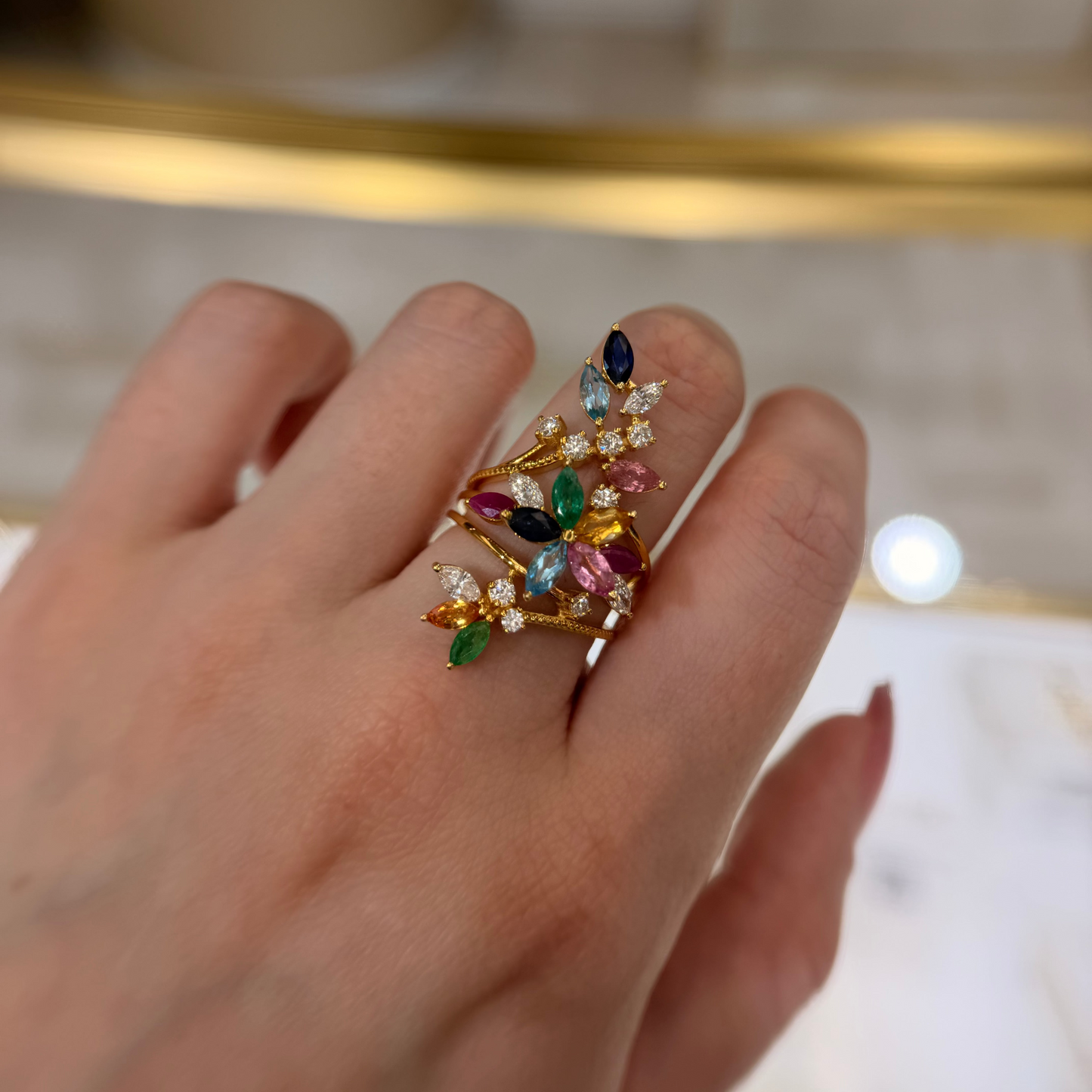 14k Yellow Gold Multicolor Natural Gemstone & Lab-Grown Diamond Statement Ring | 0.987ctw