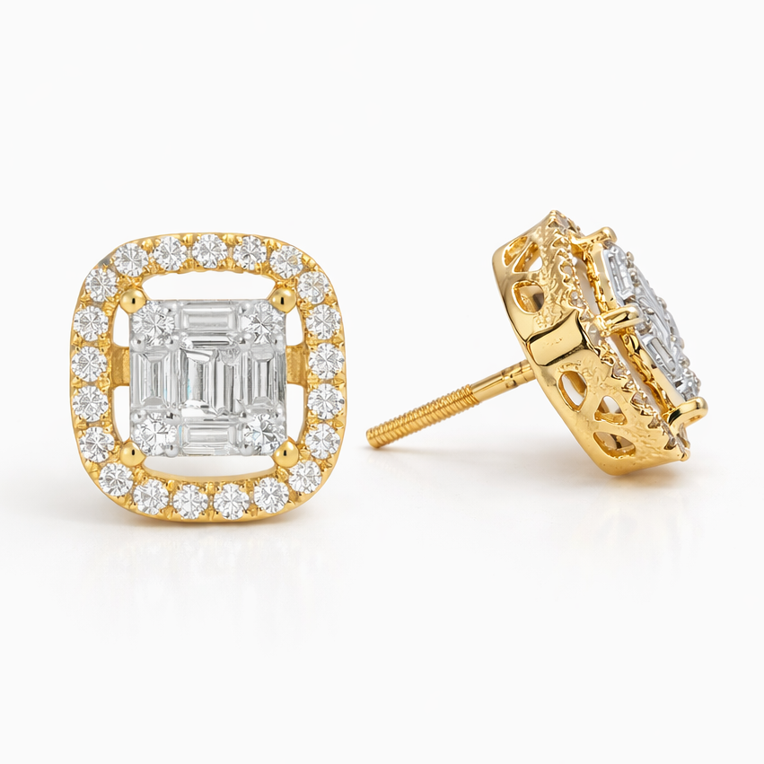14k Gold Natural Diamond Square Stud Earrings with Baguette & Round Diamonds (1.30 TCW) | Screwbacks
