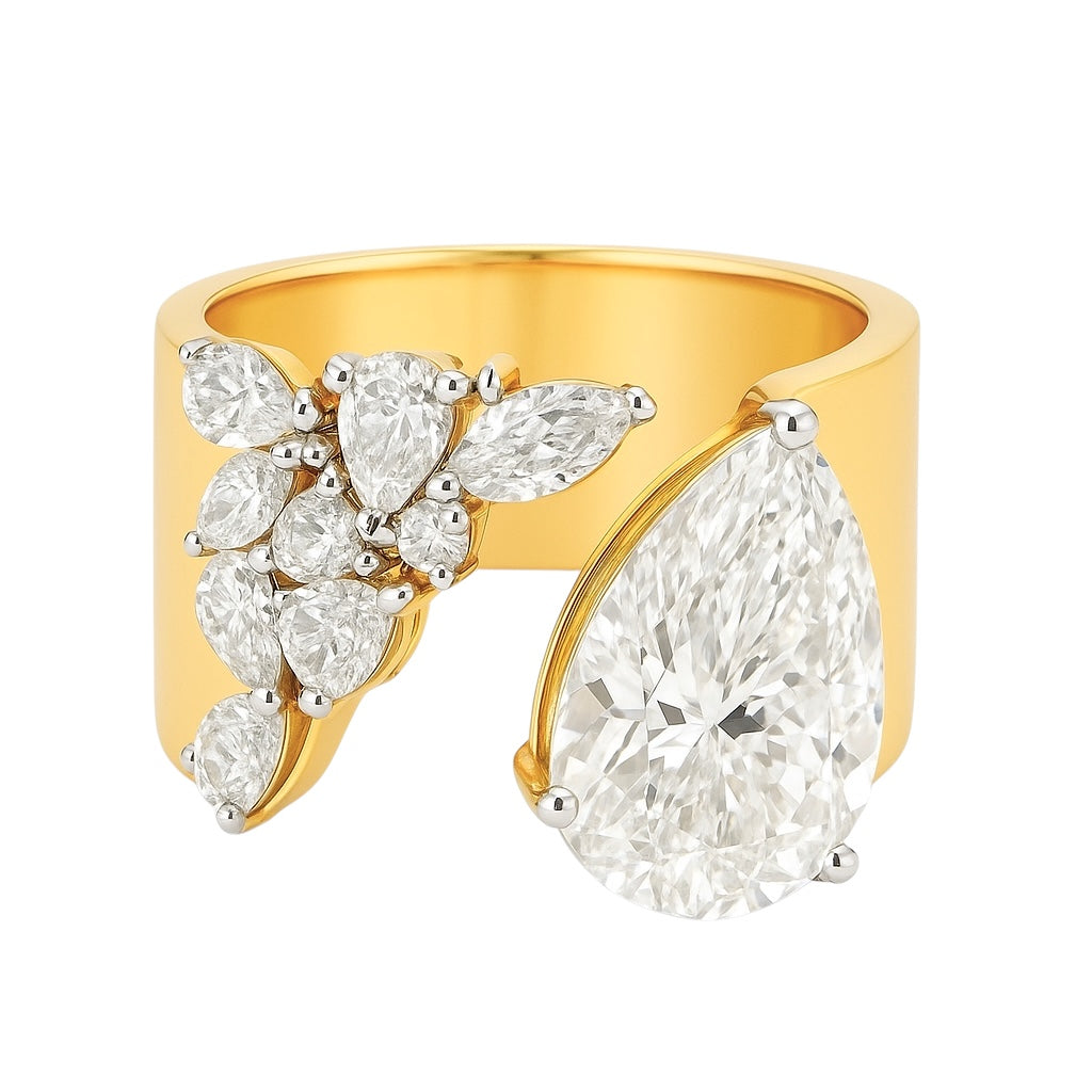 5 Carat Pear and 8.66 Carat Mixed Shape Diamond Open Cuff Ring in 14k Yellow Gold