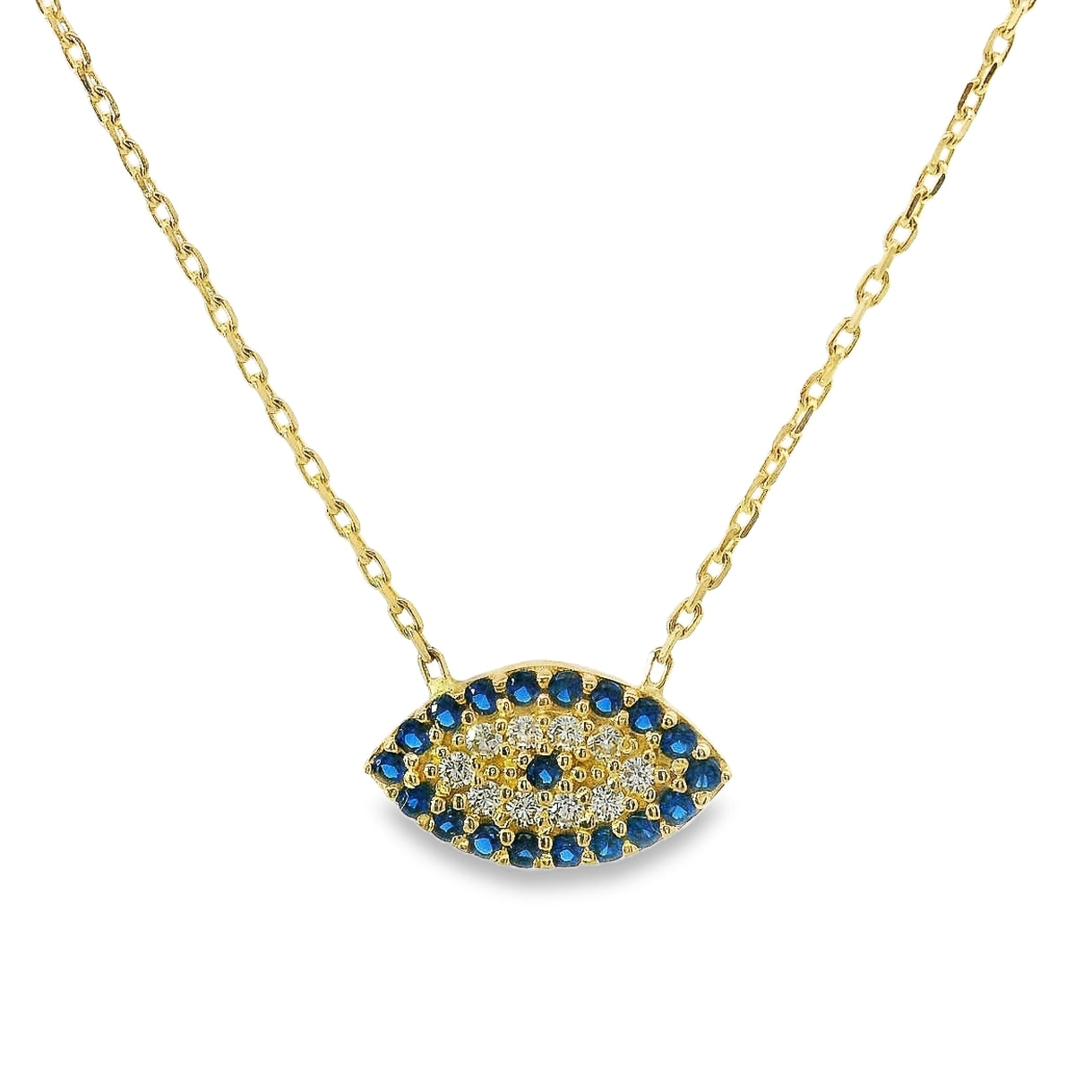 14K Yellow Gold CZ Blue Evil Eye Necklace (2.4 grams)