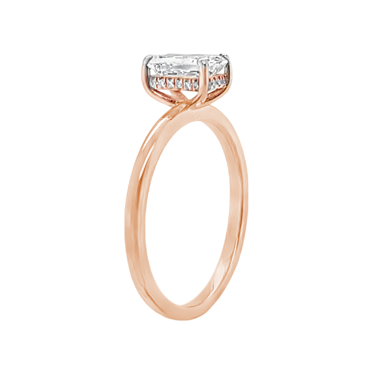 1.01 Carat Radiant Lab Grown Diamond in 18k Rose Gold Solitaire Setting with Hidden Halo
