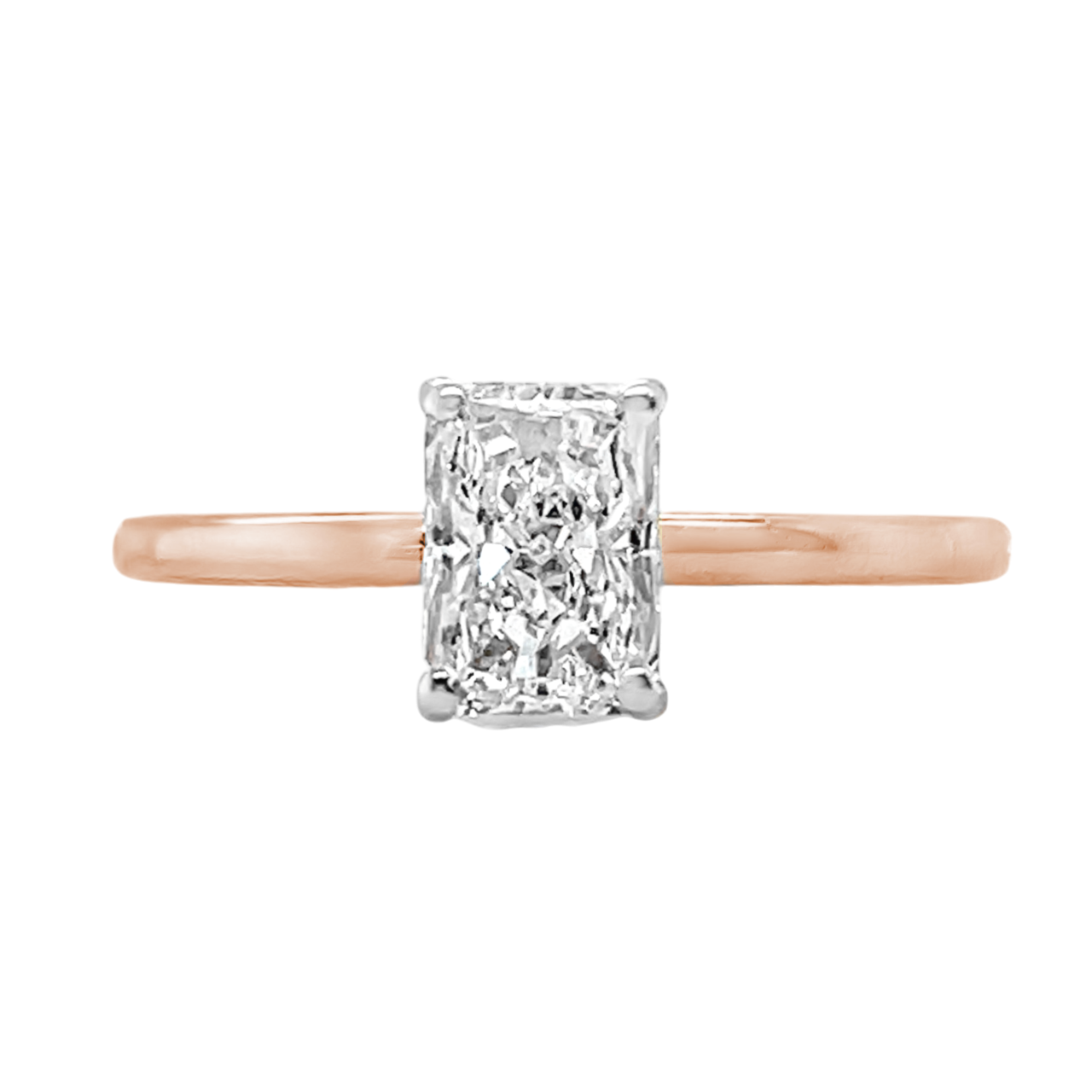 1.01 Carat Radiant Lab Grown Diamond in 18k Rose Gold Solitaire Setting with Hidden Halo