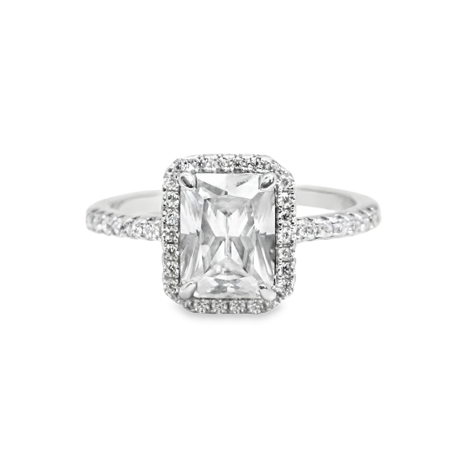 2.0ct Emerald Cut Moissanite Engagement Ring with Halo in Sterling Silver