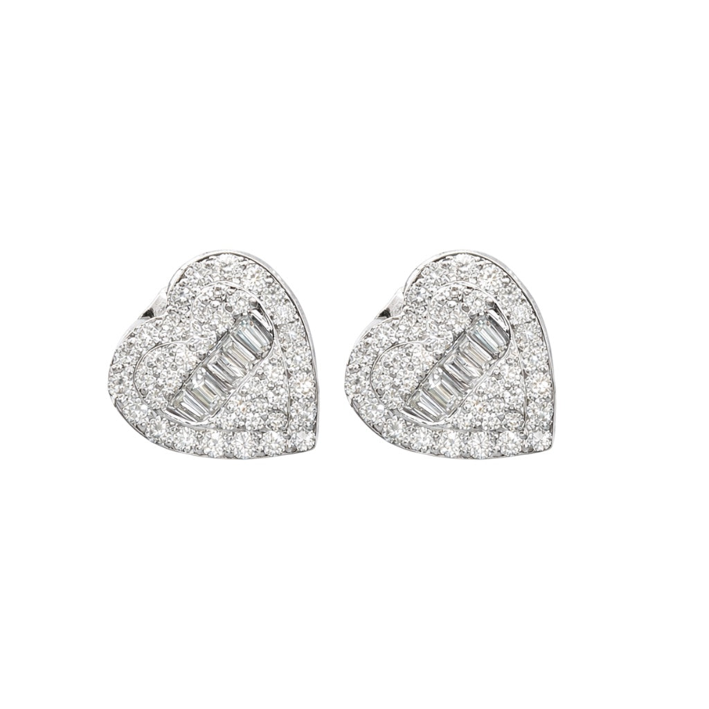 14K Solid Gold Baguette Pavé Diamond Heart Shape Screwback Earrings 1.32 Ct. T.W