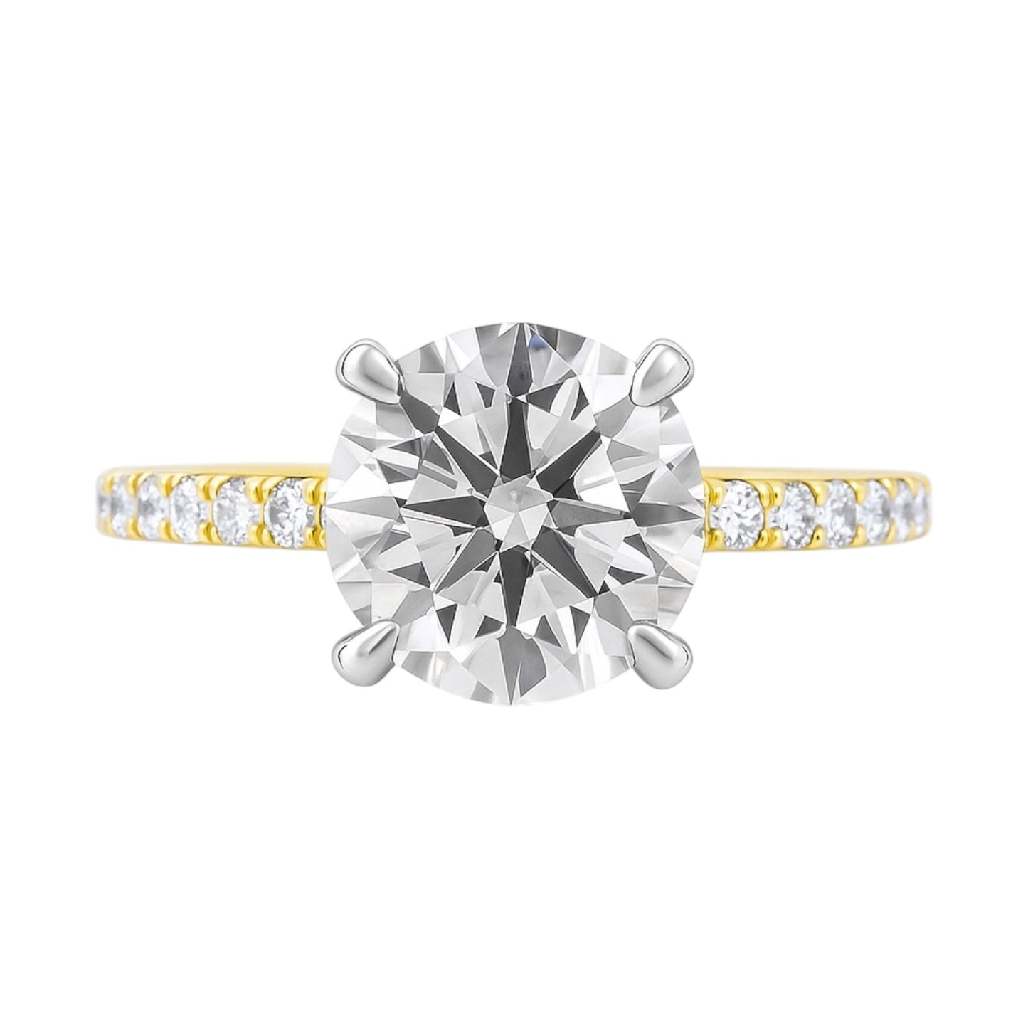 3.05 Carat Round Brilliant Lab Grown Diamond in 18k Yellow Gold Pave Cathedral Setting