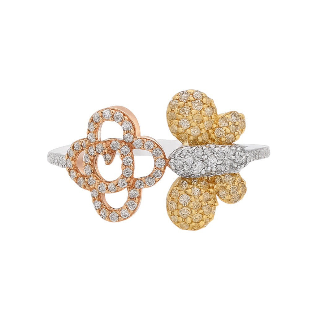 14k TriColor Ring Butterfly and Rose Ring with Natural Diamonds (0.65 tcw)