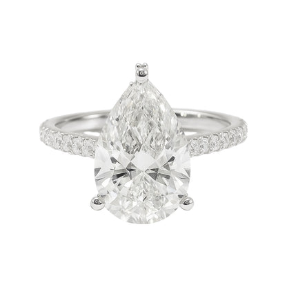 14k White Gold Pear Cut Lab-Grown Diamond Engagement Ring with Hidden Halo & Pavé Band – 3.82 tcw