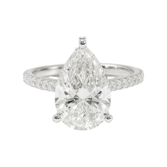 14k White Gold Pear Cut Lab-Grown Diamond Engagement Ring with Hidden Halo & Pavé Band – 3.82 tcw
