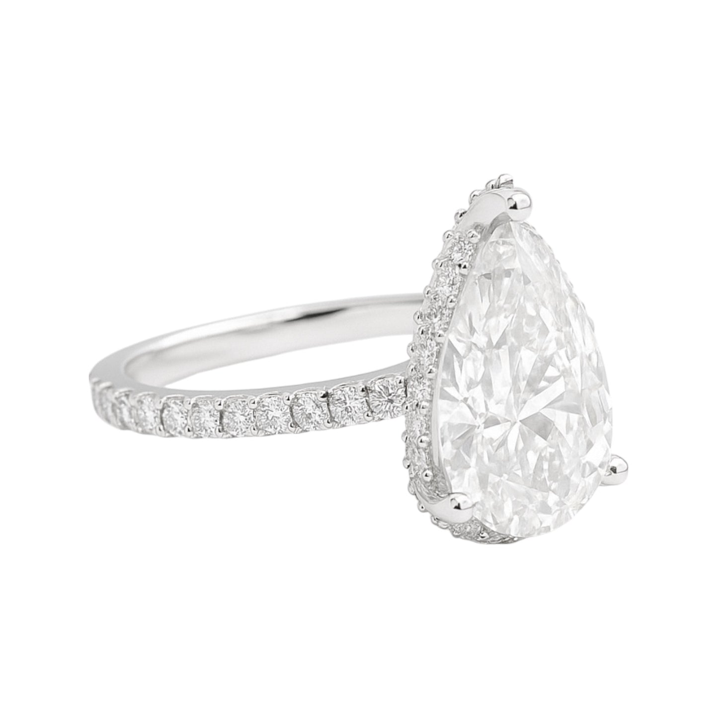 14k White Gold Pear Cut Lab-Grown Diamond Engagement Ring with Hidden Halo & Pavé Band – 3.82 tcw