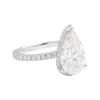 14k White Gold Pear Cut Lab-Grown Diamond Engagement Ring with Hidden Halo & Pavé Band – 3.82 tcw