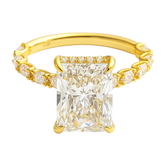 18k Yellow Gold and 5.59ct. Lab Grown Radiant Engagement Ring with East/West Emerald Band