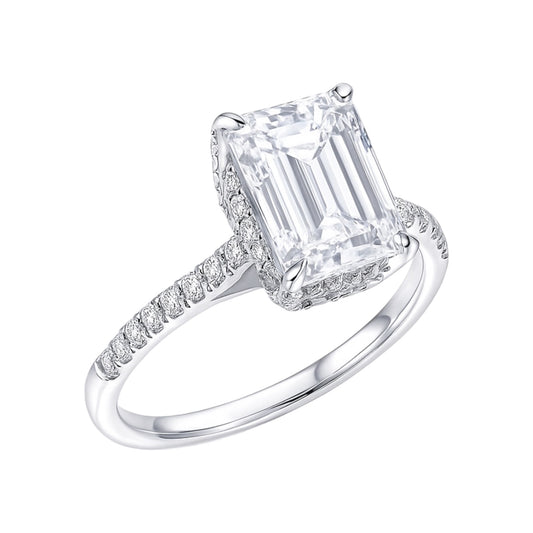 14k White Gold Emerald Cut Lab Diamond Engagement Ring with Hidden Halo & Pavé Band – 4.77 tcw