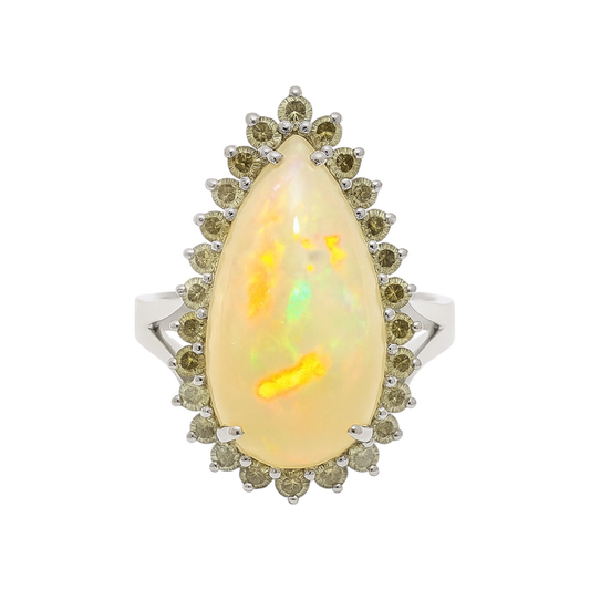 Pear Cut Opal Ring w/ Fancy Diamond Accents in 14k White Gold