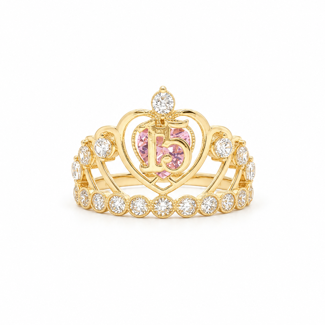 14k Gold Quinceañera Tiara Ring with Pink Heart | Size 8