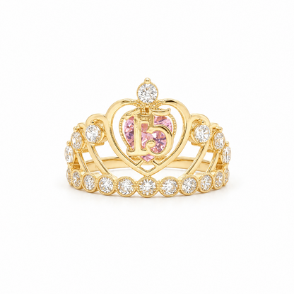 14k Gold Quinceañera Tiara Ring with Pink Heart | Size 8