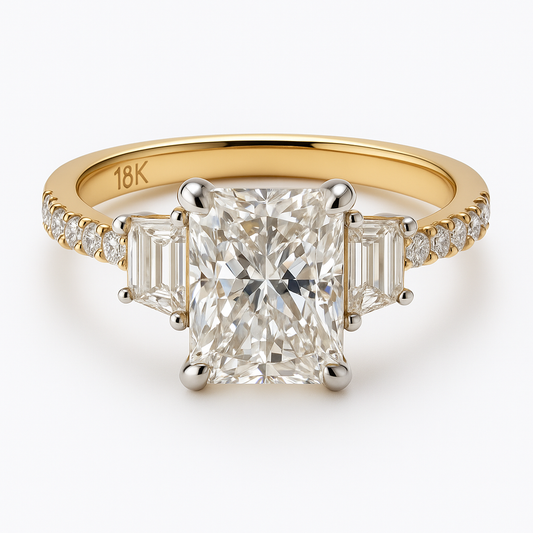3.02 carat Radiant Lab Grown Diamond Center: 3-Stone in 18k Yellow Gold (VS1/E)