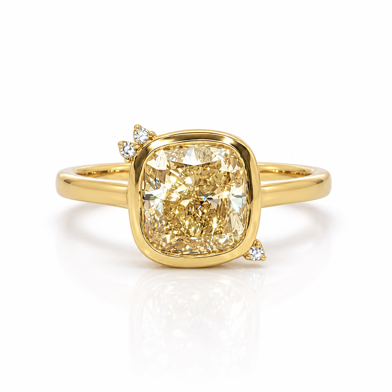 14k Gold Bezel Set 2.00 Carat Fancy Intense Yellow Cushion Lab-Grown Diamond Ring