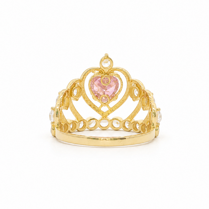 14k Gold Quinceañera Tiara Ring with Pink Heart | Size 8