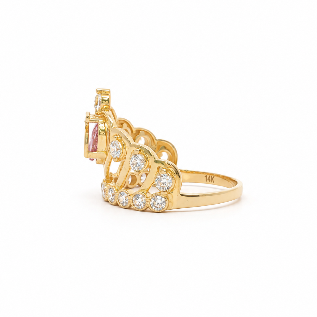 14k Gold Quinceañera Tiara Ring with Pink Heart | Size 8