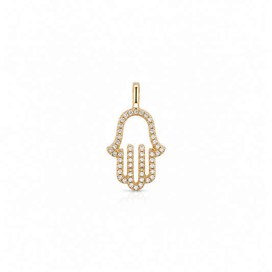 14k Yellow Gold Natural Diamond Hamsa Hand Pendant (0.13ctw)