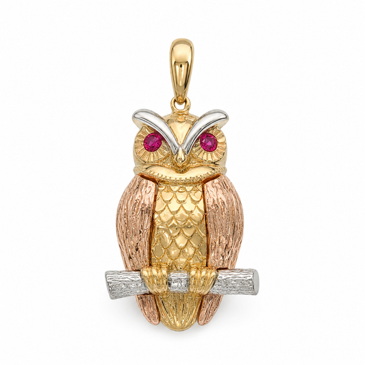 14k Tri-Color Gold Owl Pendant | Yellow, White & Rose Gold