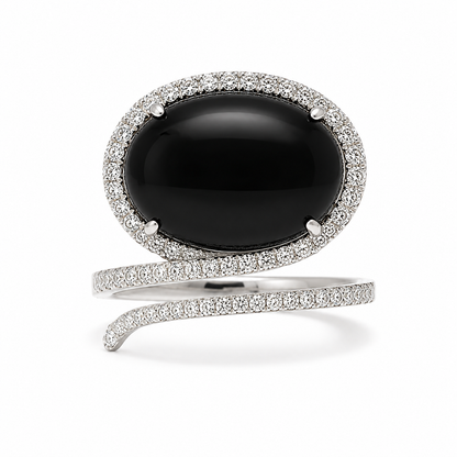 18k White Gold Genuine Onyx & Natural Diamond Wraparound Ring | 7.54ct Onyx | 0.54ctw