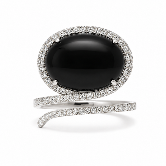 18k White Gold Genuine Onyx & Natural Diamond Wraparound Ring | 7.54ct Onyx | 0.54ctw