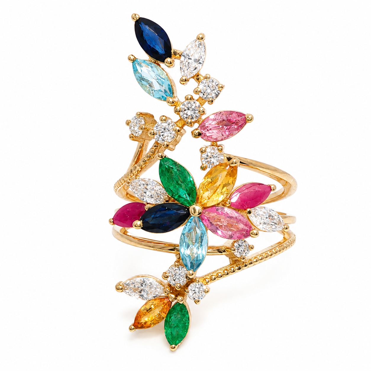14k Yellow Gold Multicolor Natural Gemstone & Lab-Grown Diamond Statement Ring | 0.987ctw