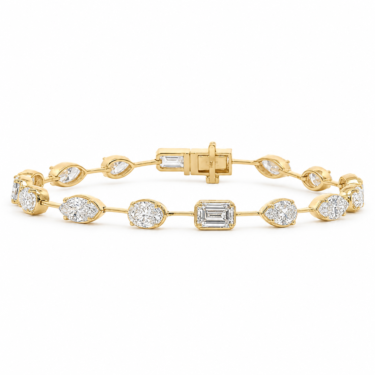 14k Gold Mixed Cut Lab Diamond Bracelet 7.44ctw | Oval, Pear, Marquise & Emerald | 7"