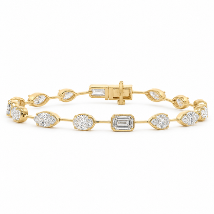 14k Gold Mixed Cut Lab Diamond Bracelet 7.44ctw | Oval, Pear, Marquise & Emerald | 7"