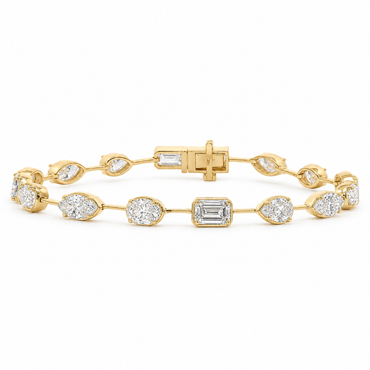 14k Gold Mixed Cut Lab Diamond Bracelet 7.44ctw | Oval, Pear, Marquise & Emerald | 7"