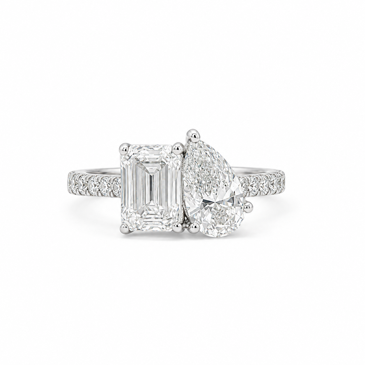 Toi Et Moi Pave Ring in 14k White Gold With Pear and Emerald Lab Grown Diamond
