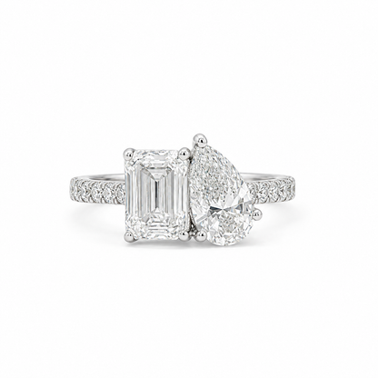 Toi Et Moi Pave Ring in 14k White Gold With Pear and Emerald Lab Grown Diamond