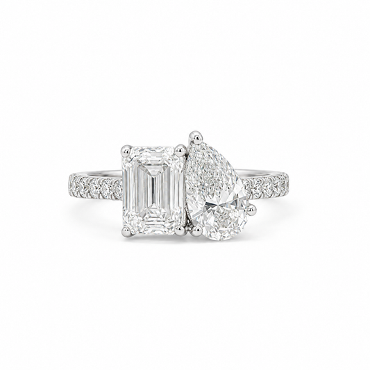 Toi Et Moi Pave Ring in 14k White Gold With Pear and Emerald Lab Grown Diamond